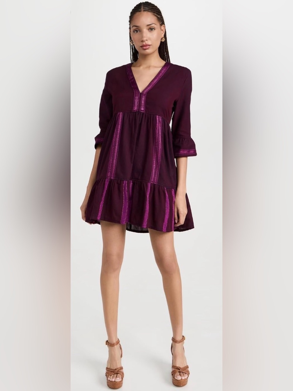 Lemlem Hanna Dress Mini Purple Beach Vacation Small Tiered Ruffle Bell Sleeves